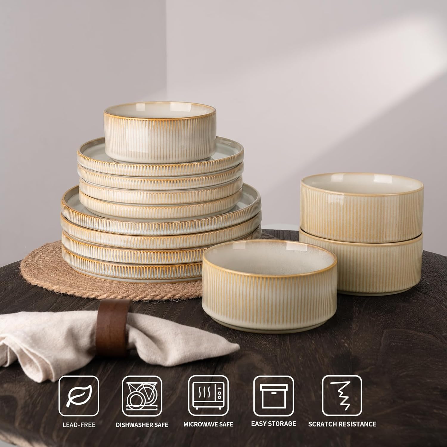 famiware Star Dinner Plates for 6, 10 inches Plate Set, Scratch Resistant, Stoneware Dinnerware, Kitchen Modern Rustic Serving Dishes, Cappuccino White - Image 6