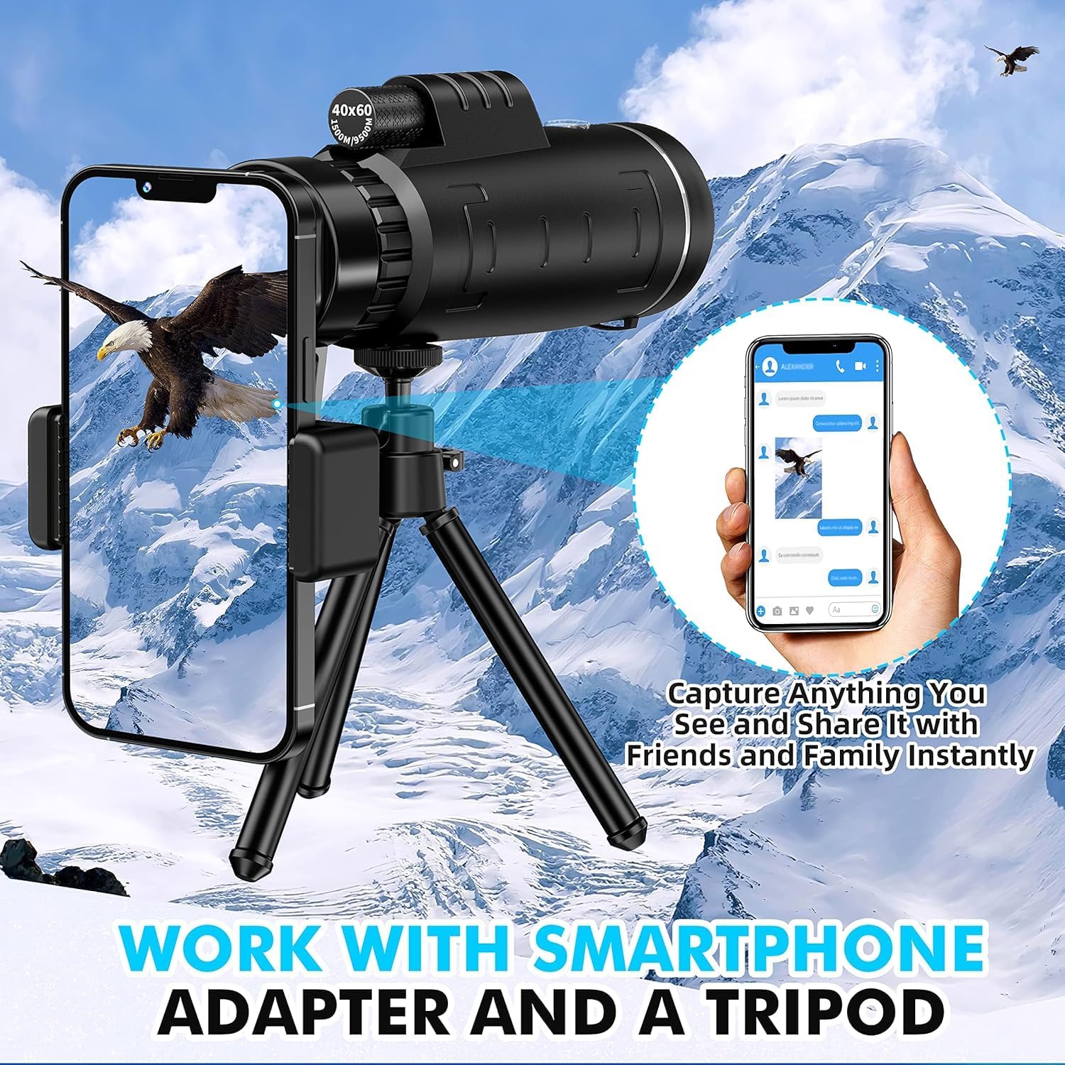 40x60 Monocular Telescope with Smartphone Adapter, Telescope for Adults High Powered, Compact Low Light Vision for Wildlife, Hunting, Camping, Travel &Outdoor Adventures - Image 5