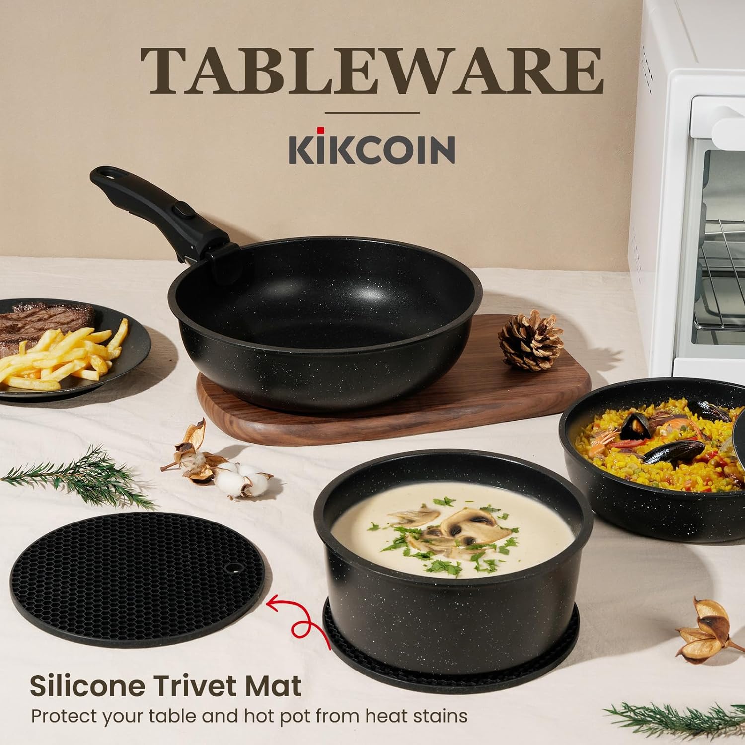 KIKCOIN 22 Pcs Pots and Pans Set Non Stick, Detachable Handle Cookware Sets Nonstick, Non Toxic Induction RV Kitchen Cooking Set with Removable Handles, Dishwasher/Oven Safe (Black) - Image 7