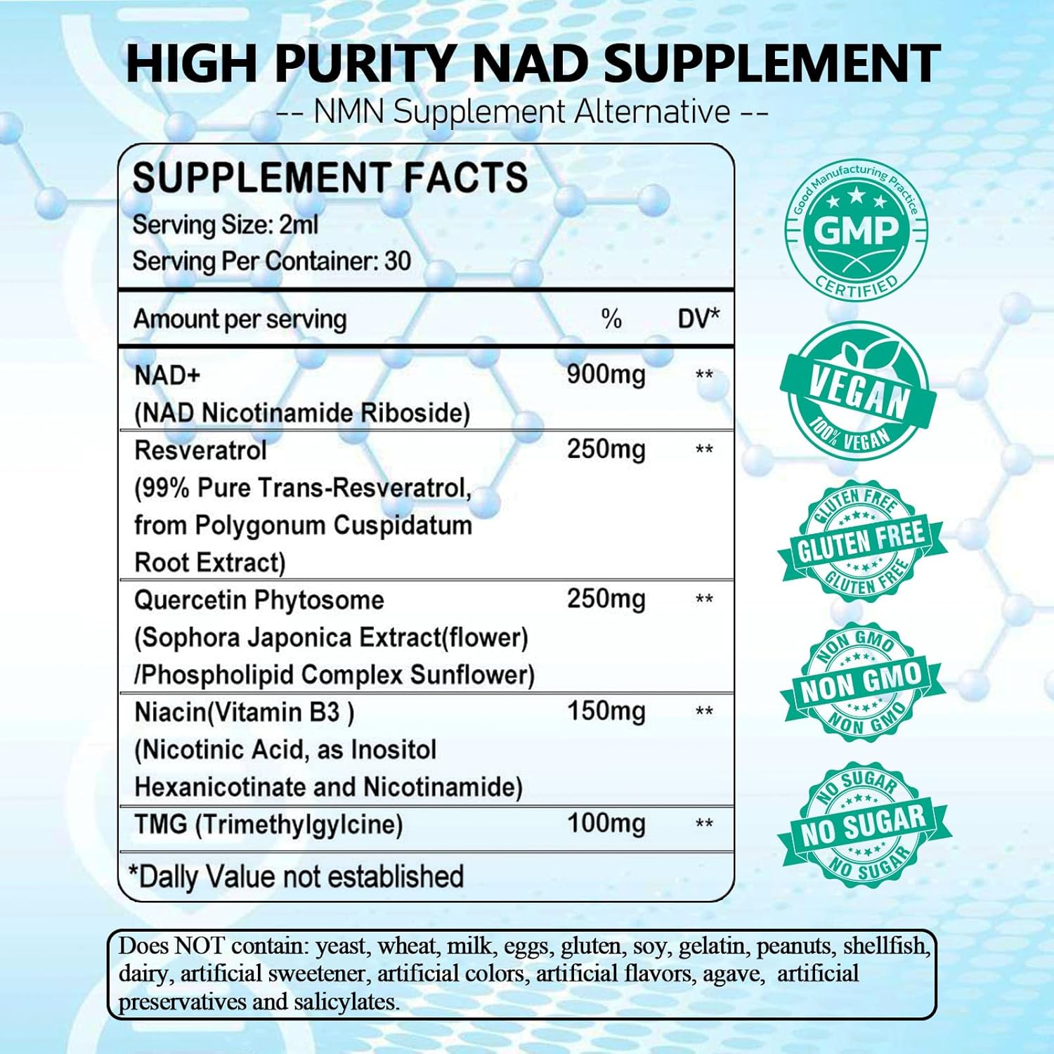 NAD Supplements for Women & Men, Liposomal NAD Nicotinamide Riboside Resveratrol 900mg, TMG, Quercetin, Vitamin B3, Organic Liquid NAD Resveratrol Supplement for Longevity, Energy, Anti-Aging, Focus - Image 3
