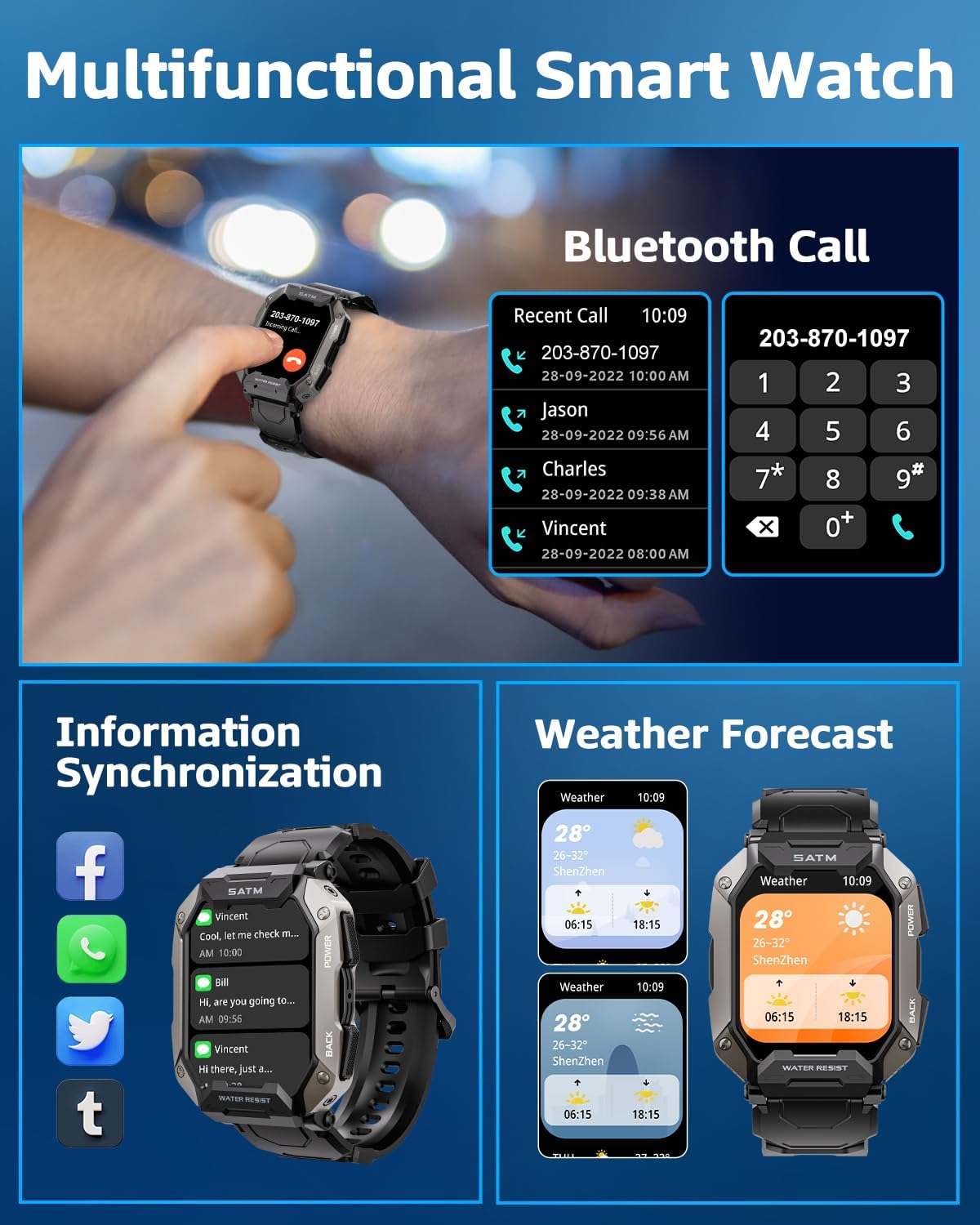 Military Smart Watches for Men, 2.01'' HD Display with Bluetooth Calls 100+ Sport Modes, IP68 Waterproof for Swimming Fitness Smart Watch for Android and iPhone Smartwatch - Image 4