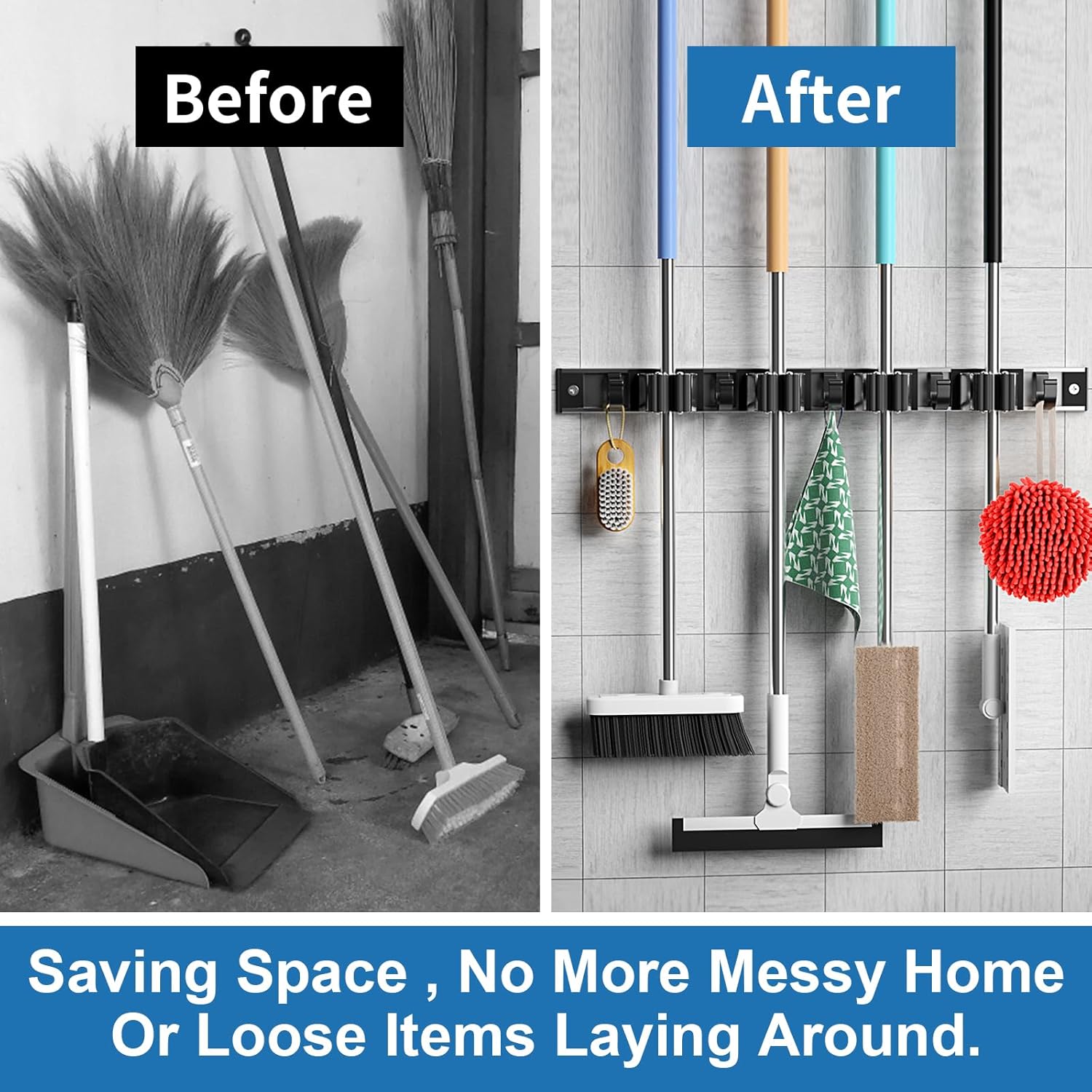 Mop and Broom Holder Wall Mount Metal Heavy Duty Utility Hooks Broom Organizer Garage Storage Systems Tool Racks for Home Laundry Garden Kitchen Organization (Silver, 2 Pack 3R4H) - Image 4