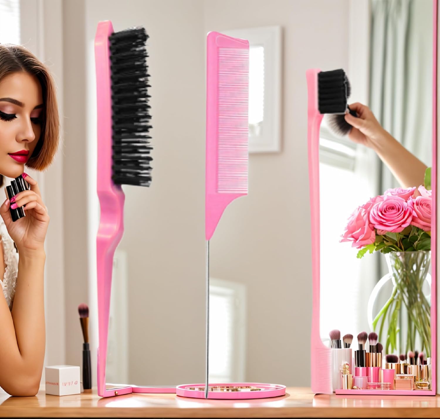 Pink Comb Set 3 piece, slick back hair brush,Slick Back Brush with Edge Brush, styling comb for kids for middle part,Rat Tail Comb, Teasing Brush Set for Smoothing brush Baby Hair - Image 7