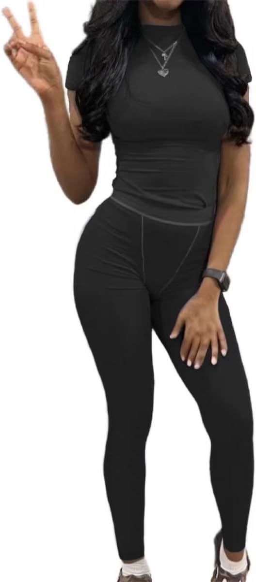 AYWA Two Piece Outfits for Women Fitted Crew Neck T-shirt High Waist Leggings Biker Shorts Matching Sets Streetwear - Image 2