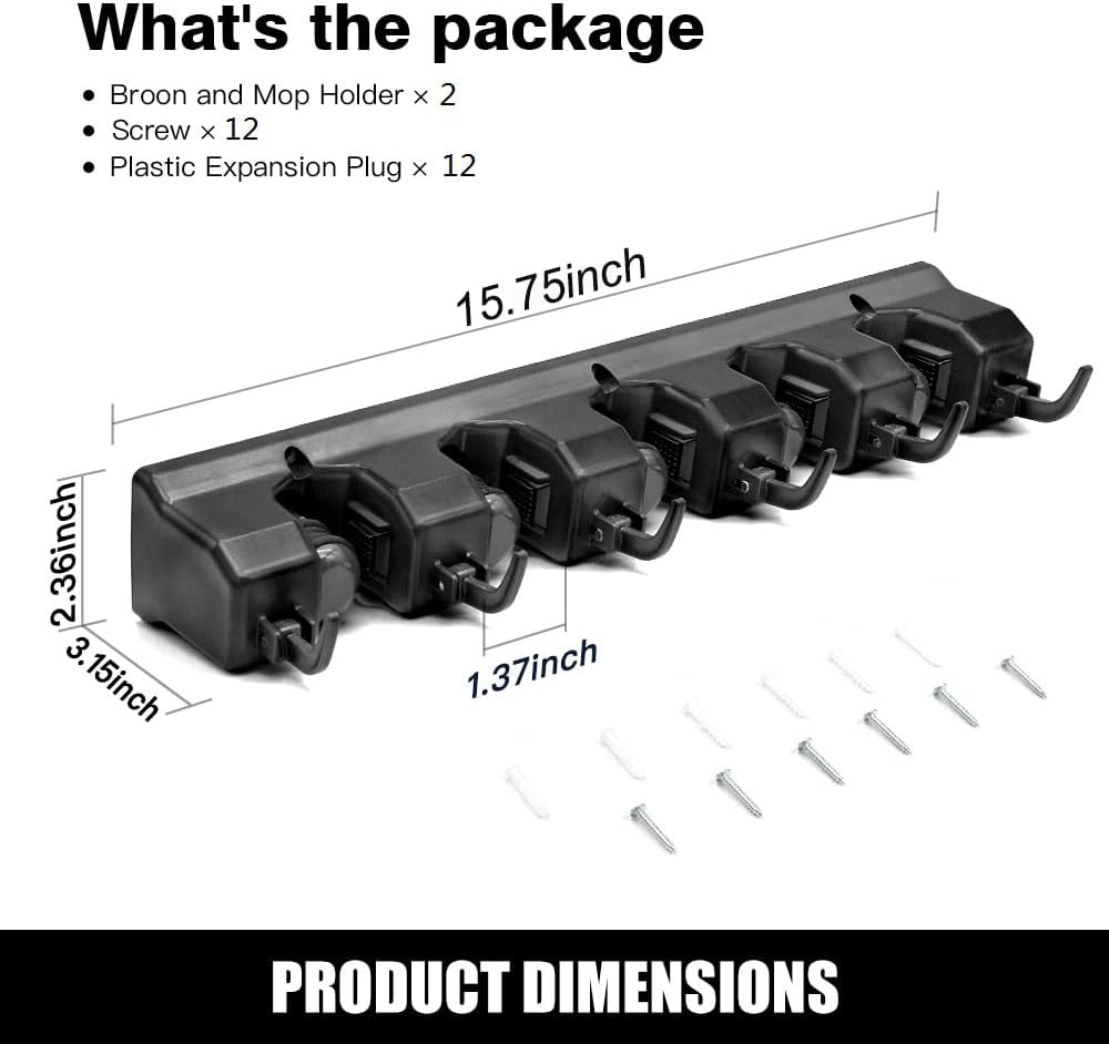 IMILLET 2 Pack Mop and Broom Holder, Wall Mounted Organizer Mop and Broom Storage Tool Rack with 5 Ball Slots and 6 Hooks (Black) - Image 6