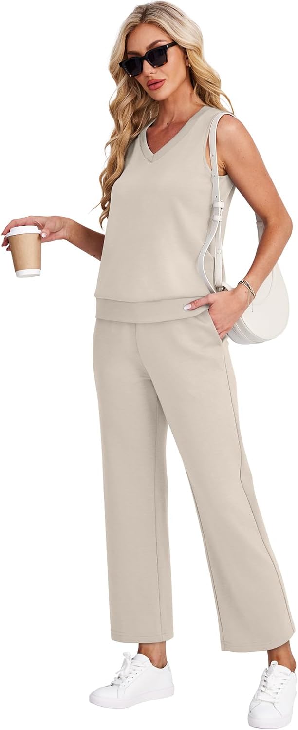 WIHOLL 2 Piece Sets for Women Dressy Lounge Sets Summer V Neck Wide Leg Crop Pants Comfortable Travel Outfits Beige S - Image 3