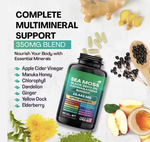 Sea Moss, Black Seed Oil, Ashwagandha, Turmeric, Ginger Supplement, 60 Capsules - Image 4