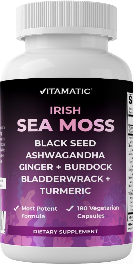 Vitamatic Sea Moss with Black Seed Oil, Ashwagandha, Turmeric, Bladderwrack & Burdock - 180 Vegan Capsules - Image 2
