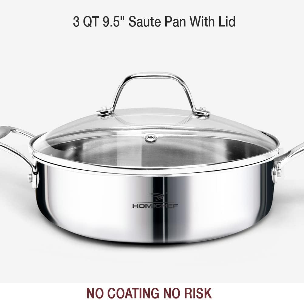 HOMICHEF 14-Piece Nickel Free Stainless Steel Cookware Set Whole-Clad 3-Ply - Mirror Polished Pots And Pans Set - Healthy Cookware Set With Steamer - Non-Toxic Induction Cookware Sets - Image 6