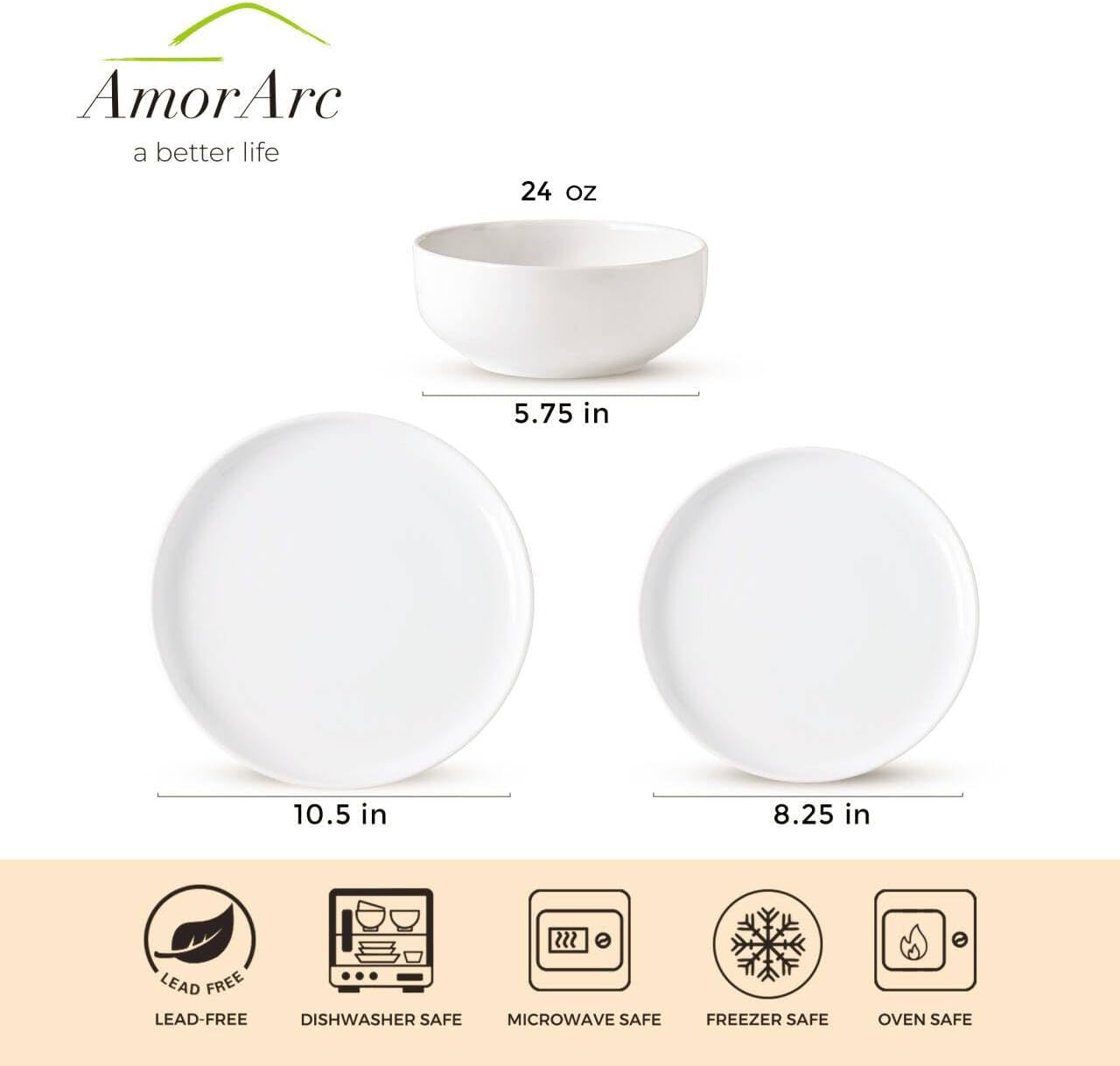AmorArc Ceramic Dinnerware Sets of 4,Porcelain Plates and Bowls Sets, Scratch Resistant Dishes Set, Dishwasher & Microwave & Oven Safe Dishes Set,White Dishware Service for 4-12 pcs - Image 3