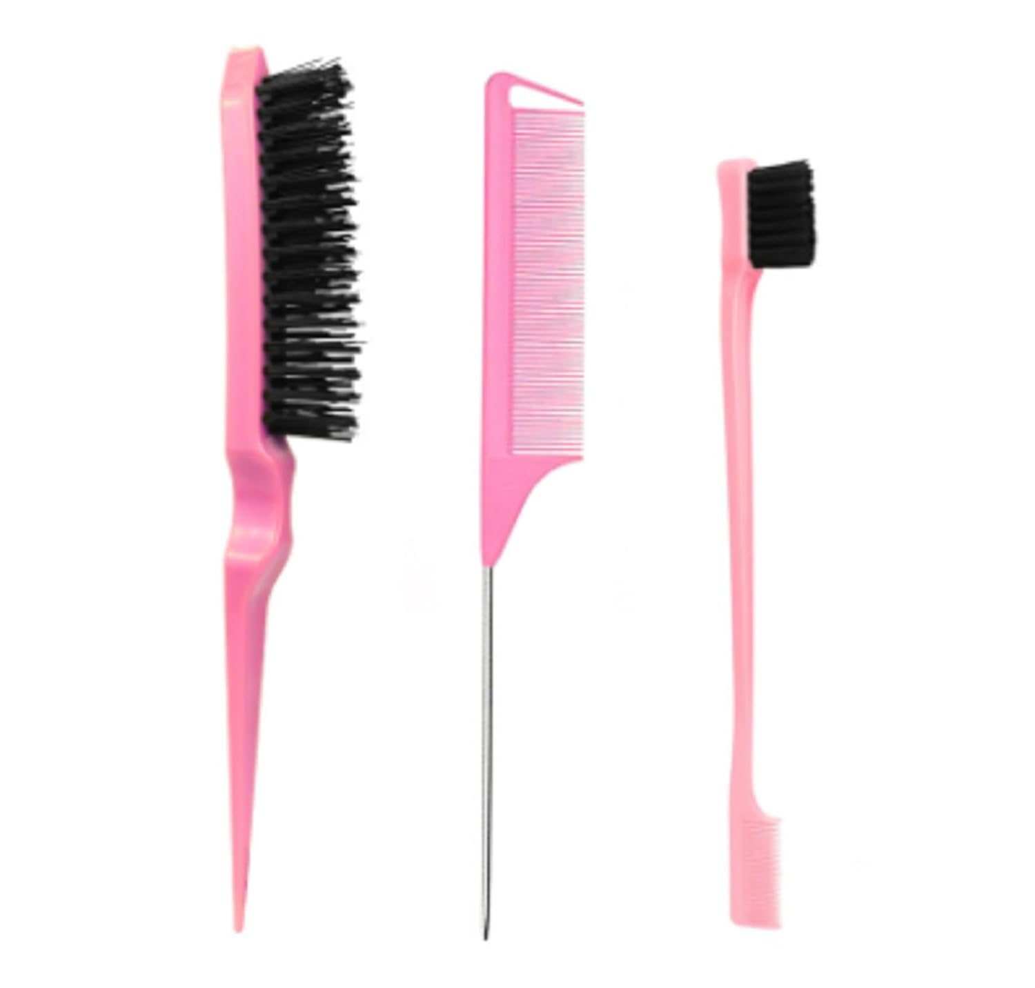Pink,Set 3 Pcs. slick back hair brush with Edge Brush, styling comb for kids for middle part,Rat Tail Comb, Teasing Brush Set for Smoothing brush Baby Hair - Image 2