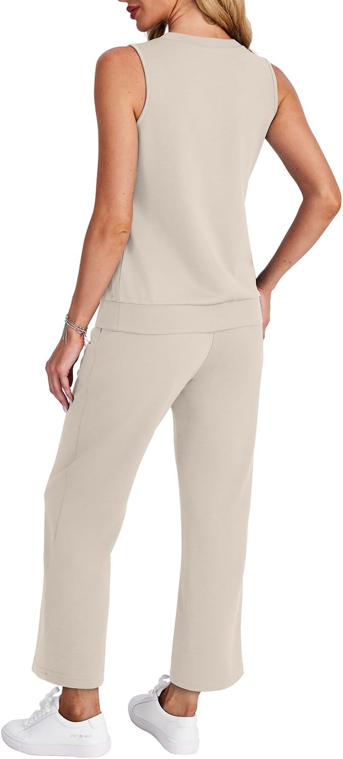 WIHOLL 2 Piece Sets for Women Dressy Lounge Sets Summer V Neck Wide Leg Crop Pants Comfortable Travel Outfits Beige S - Image 6