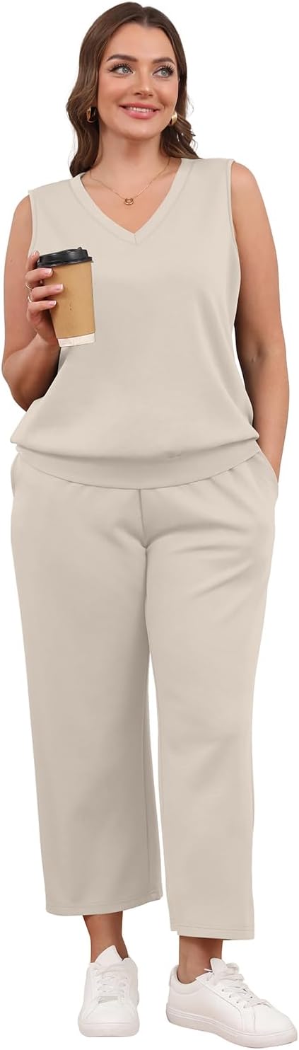 WIHOLL 2 Piece Sets for Women Dressy Lounge Sets Summer V Neck Wide Leg Crop Pants Comfortable Travel Outfits Beige S - Image 5