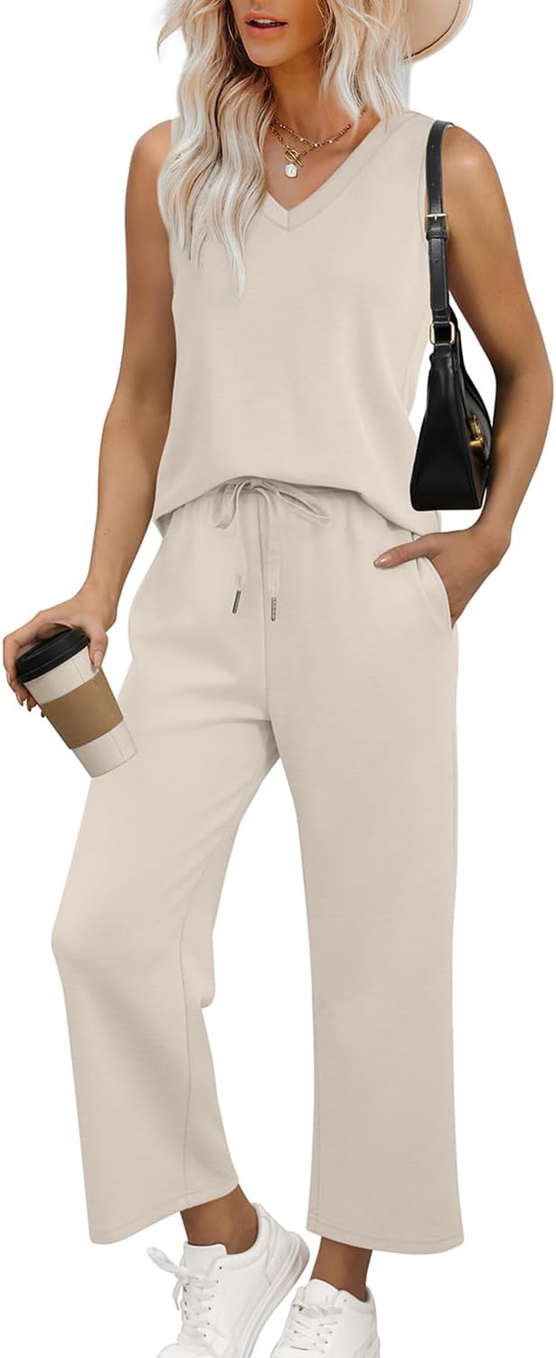 WIHOLL 2 Piece Sets for Women Dressy Lounge Sets Summer V Neck Wide Leg Crop Pants Comfortable Travel Outfits Beige S - Image 2