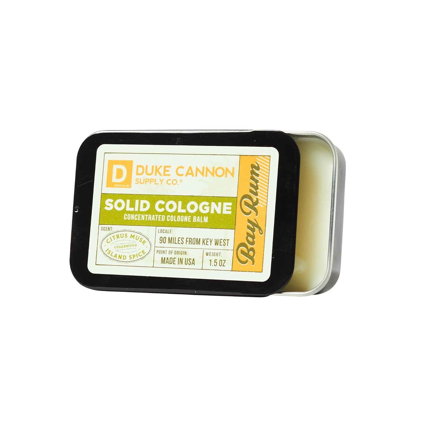 Duke Cannon Supply Co. Solid Cologne for Men Bay Rum (Citrus Musk, Cedarwood, Island Spice) - Concentrated Balm, Travel-Friendly Convenient Tin, 1.5 oz - Image 2