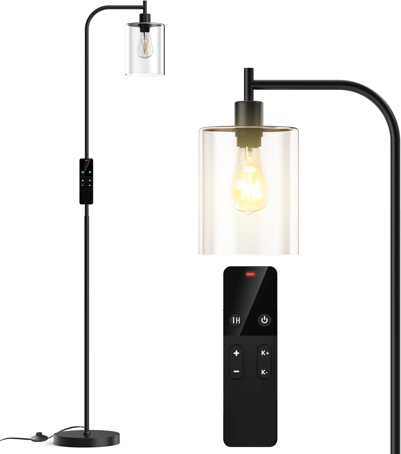 Industrial Floor Lamp with Glass Shade, Modern Dimmable Floor lamp with Remote LED Bulbs, Tall Lamp for Living Room Corner, Bedroom, Office (Black) - Image 2