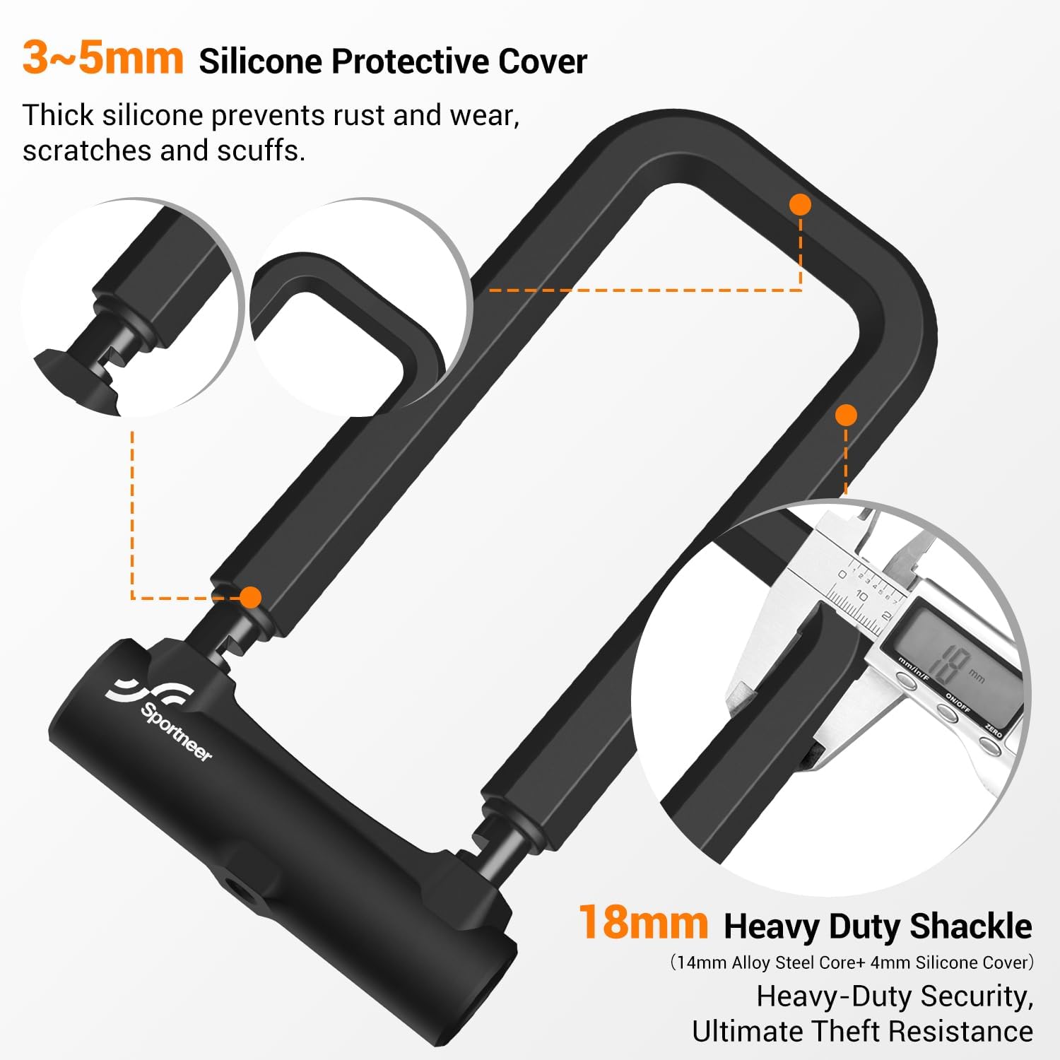 Sportneer Bike Lock: 18mm Heavy Duty Anti Theft Bike U Lock with 5ft Security Steel Cable - Shackle Bicycle U-Locks with 3 Keys & Sturdy Mounting Bracket for Road, Mountain, Electric & Folding Bike - Image 4