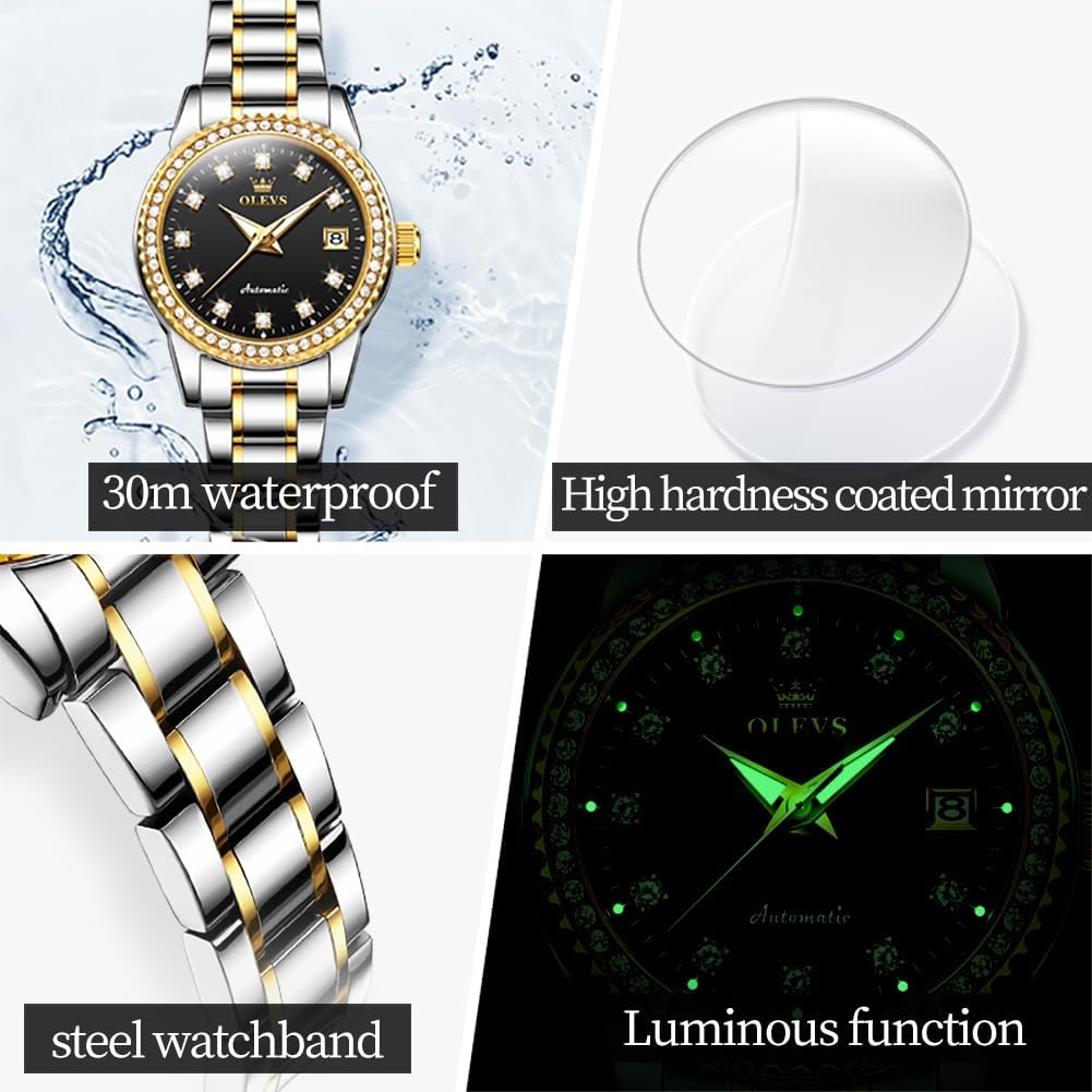 OLEVS Womens Automatic Watch Diamond Fashion Luxury Dress Mechanical Self Winding Stainless Steel Ladies Wrist Watches for Women Luminous Waterproof - Image 7