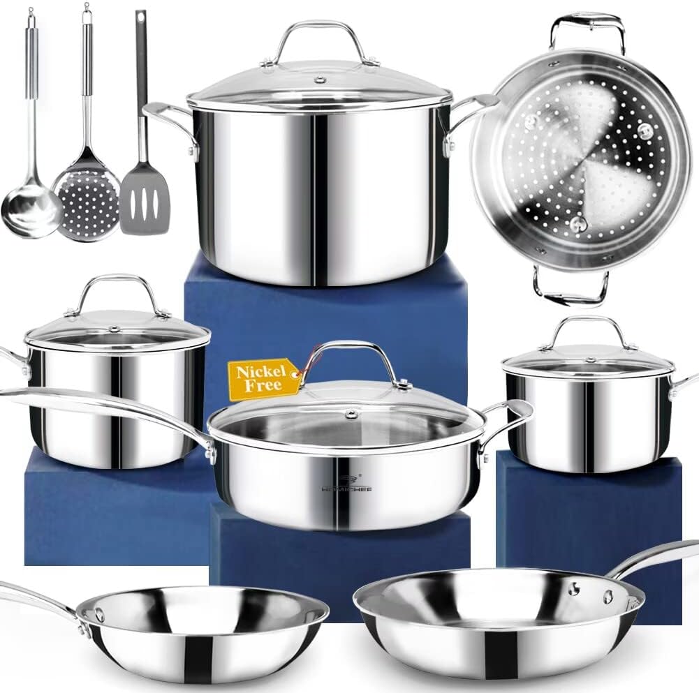 HOMICHEF 14-Piece Nickel Free Stainless Steel Cookware Set Whole-Clad 3-Ply - Mirror Polished Pots And Pans Set - Healthy Cookware Set With Steamer - Non-Toxic Induction Cookware Sets - Image 2