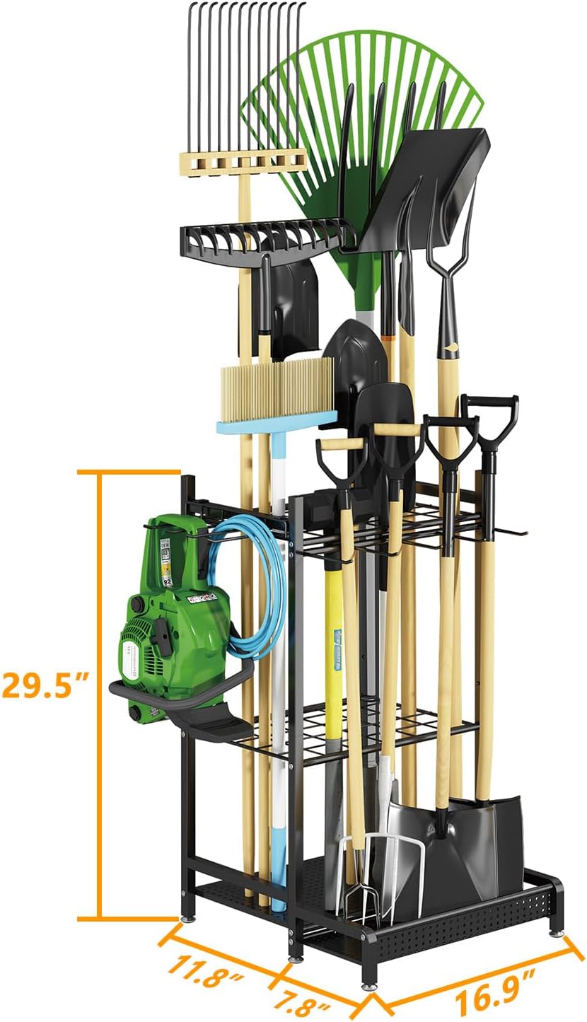 GILLAS Garden Tool Organizer for Garage, Utility Storage Racks with Hooks, Metal Yard Tool Stand Holder Organizer for Long-Handled, Broom, Shovel, Rake, Sturdy Heavy Rack for Outdoor, Yard, Black - Image 8