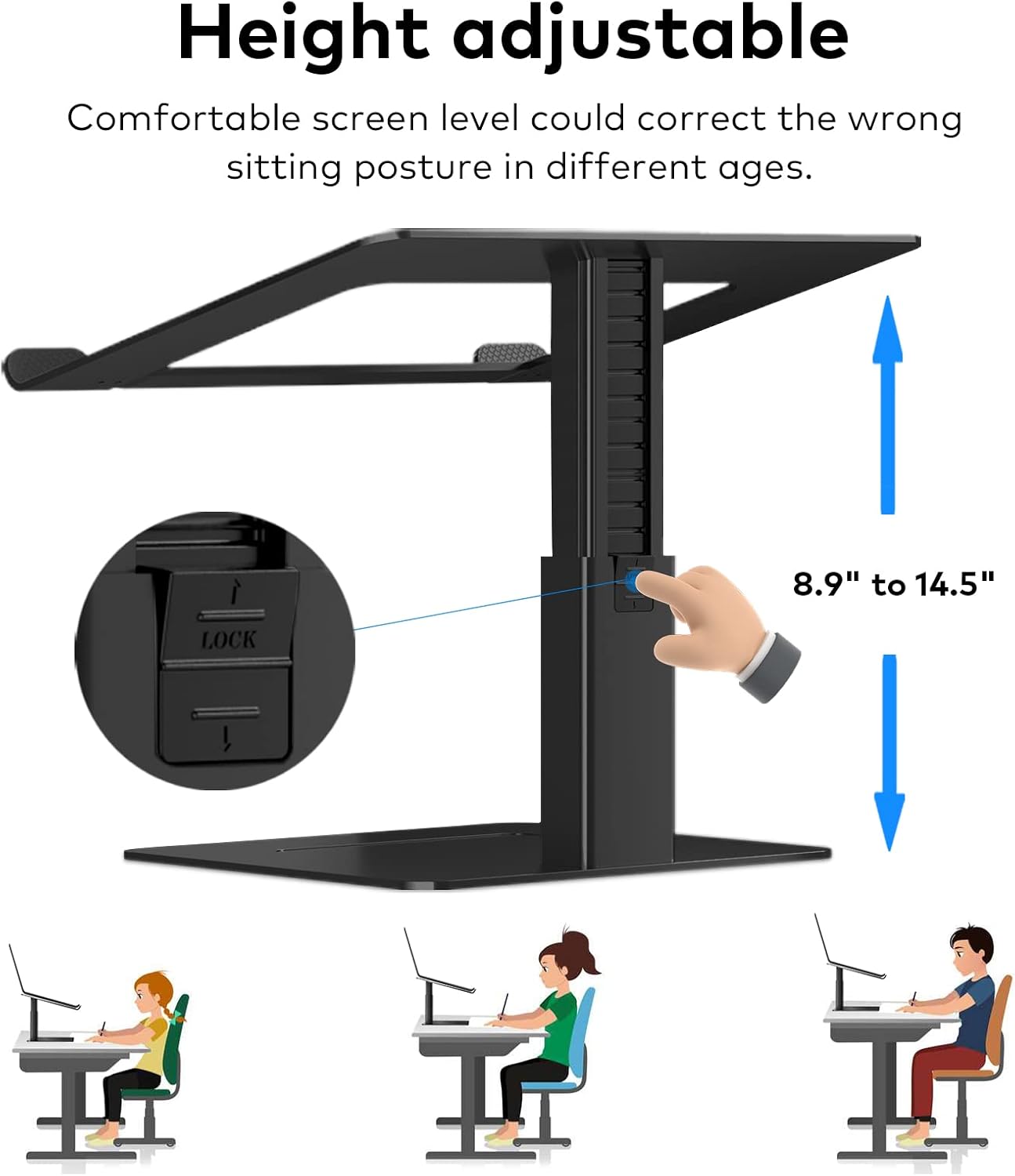 Laptop Stand for Desk, Ergonomic Aluminum Laptop Stand Adjustable Height from 7-15", Sitting and Standing Laptop Riser for 10-17" Notebook (Black) - Image 4