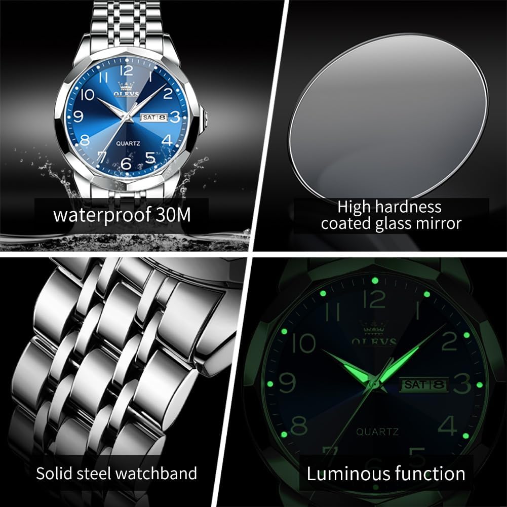 OLEVS Watch for Men Luxury Dress Analog Quartz Stainless Steel Waterproof Luminous Date Diamond Business Two Tone Casual Wrist Watch - Image 6