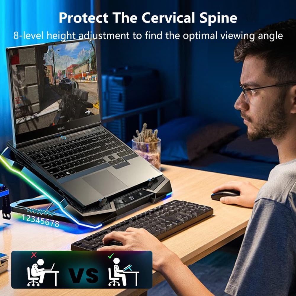 G-STORY Gaming Laptop Cooling Pad, RGB Lights Laptop Cooler with 10 Powerful Turbo Fans for 12-18 Inch Notebooks,8 Height Adjustable Stand and 1 USB Port - Image 8