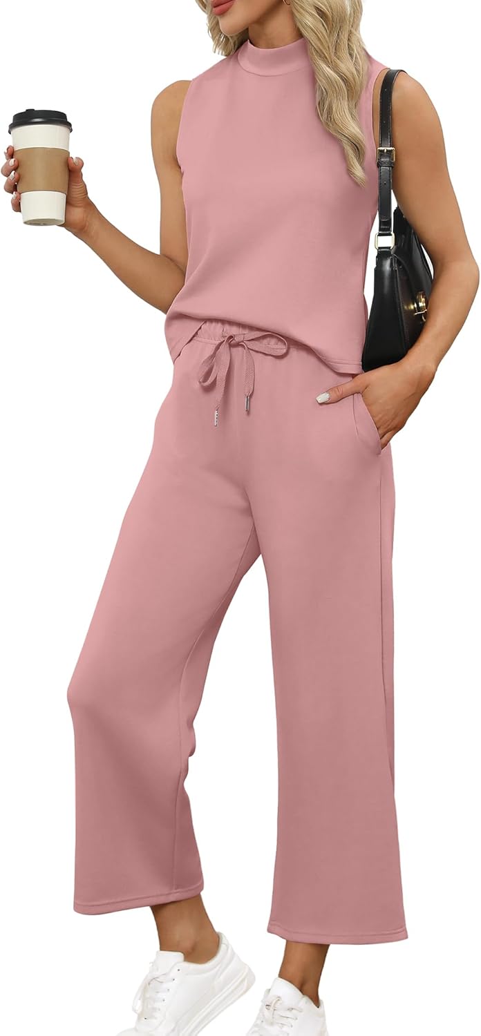 SAMPEEL Matching Sets Women Clothing 2 Piece Sets Summer Casual Mock Neck Lounge Sets Sleeveless Wide Leg Pants Vacation Outfits Sweat Set Pink M - Image 2