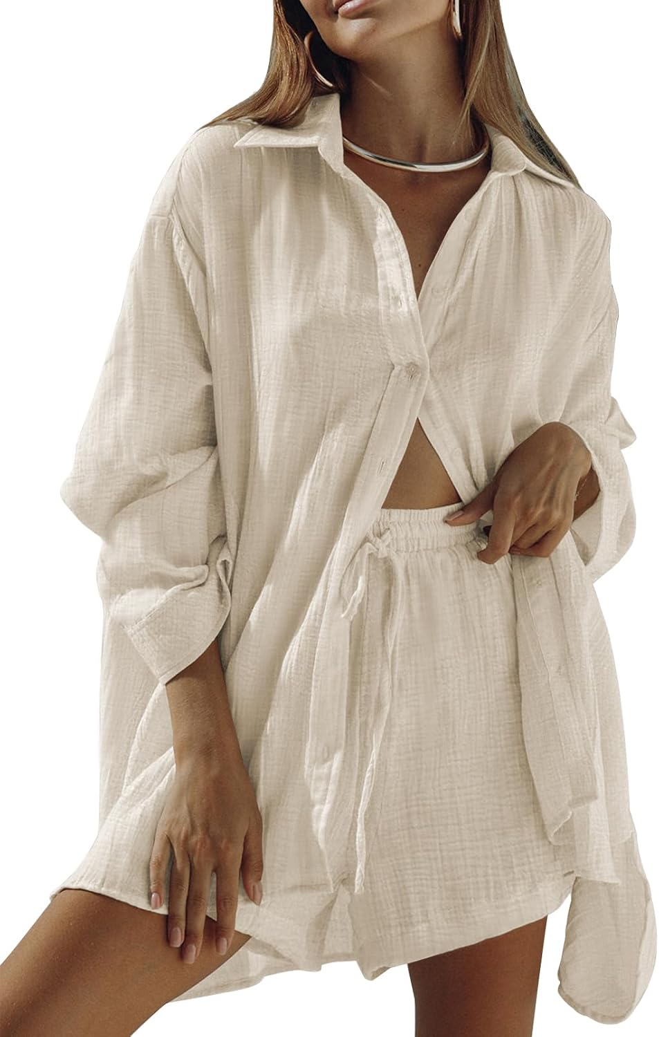 Fixmatti Women 2 Piece Outfits Long Sleeve Button Down Blouse and Shorts Sweatsuit Sets - Image 2