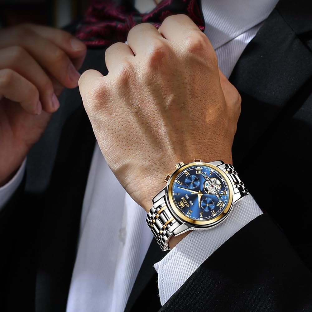 OLEVS Automatic Watch(No Battery Required) Men's Wrist Watches Self-Wind Mechanical Watches Fashion Classic Tourbillon Skeleton Watch Black Blue Green Face,Adjustable Bracelet (Gift Tool) - Image 4