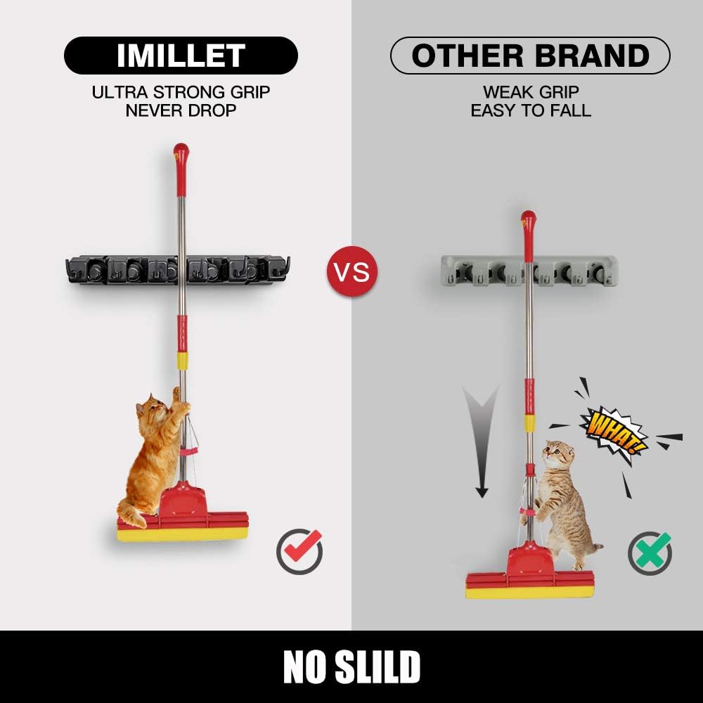 IMILLET 2 Pack Mop and Broom Holder, Wall Mounted Organizer Mop and Broom Storage Tool Rack with 5 Ball Slots and 6 Hooks (Black) - Image 5