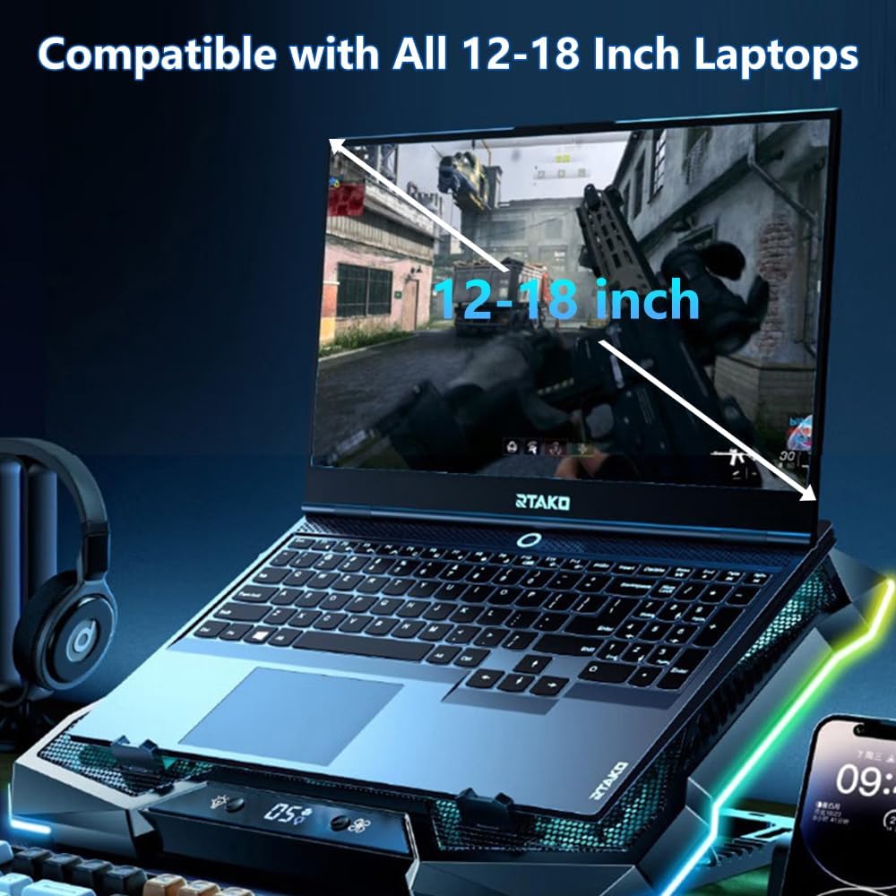 G-STORY Gaming Laptop Cooling Pad, RGB Lights Laptop Cooler with 10 Powerful Turbo Fans for 12-18 Inch Notebooks,8 Height Adjustable Stand and 1 USB Port - Image 5