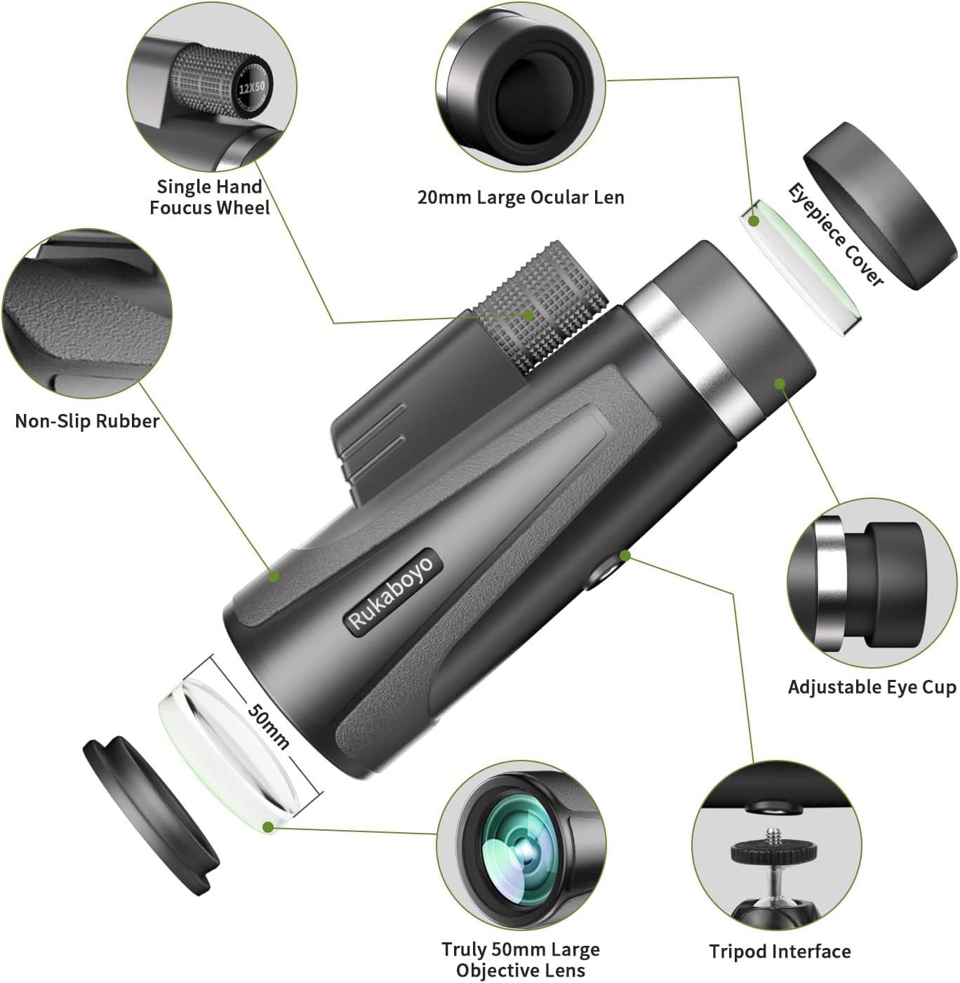 12X50 HD Monocular Telescope High Powered with Smartphone Adapter &Tripod - BAK4 Prism Monocular for Wildlife Bird Watching Hunting Travel Camping Stargazing Hiking(Black) - Image 8