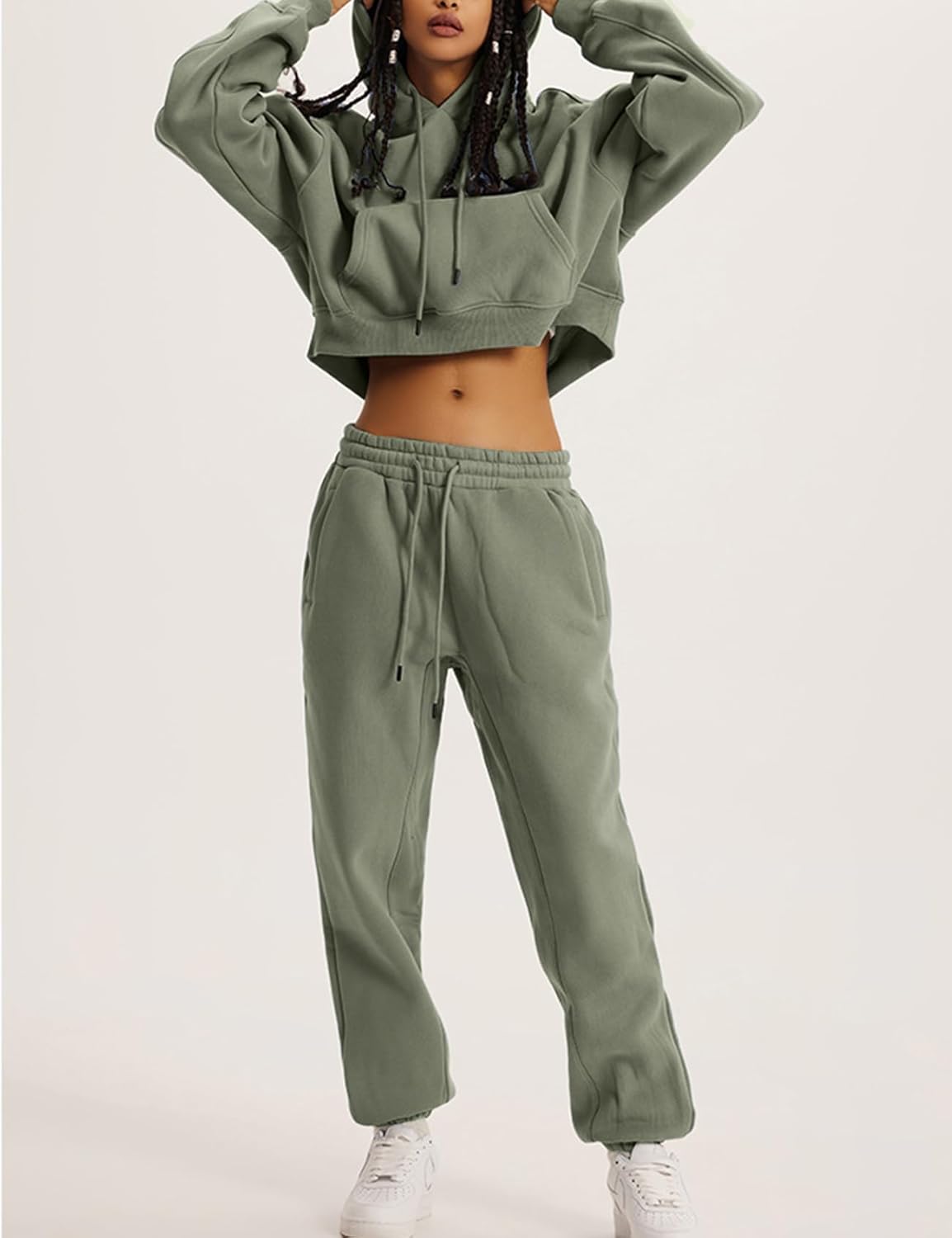 Flygo Womens Fleece 2 Piece Outfits Sweatsuit Crop Pullover Sweatshirt Joggers Pants Tracksuit Set - Image 5