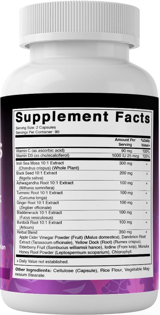 Vitamatic Sea Moss with Black Seed Oil, Ashwagandha, Turmeric, Bladderwrack & Burdock - 180 Vegan Capsules - Image 9
