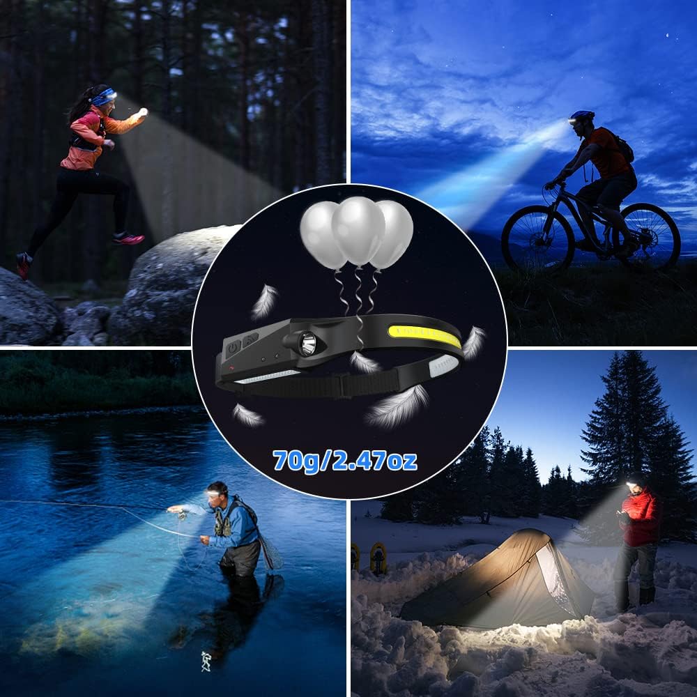 Headlamp Rechargeable 3Pack, LED Headlamp Flashlight with Motion Sensor, 230° COB Wide Beam Head Lamp, 5Mode Head Lights for Forehead Waterproof, Bright Headlamps for Adults Running Camping - Image 7