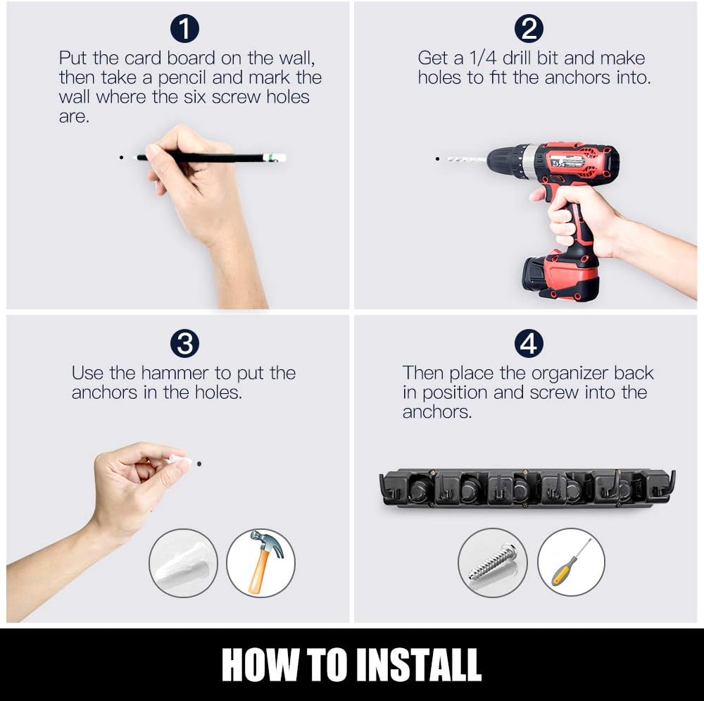 IMILLET 2 Pack Mop and Broom Holder, Wall Mounted Organizer Mop and Broom Storage Tool Rack with 5 Ball Slots and 6 Hooks (Black) - Image 7