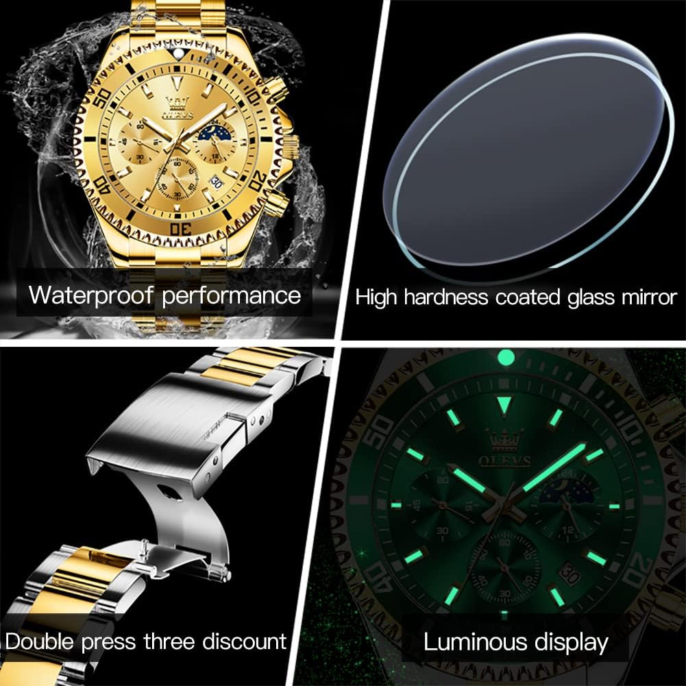 OLEVS Watches for Men Classic with Date Business Dress Luxury Big Face Green/Black/Blue Waterproof Luminous Mens Wrist Watch Analog Two Tone Stainless Steel Men Watch - Image 7