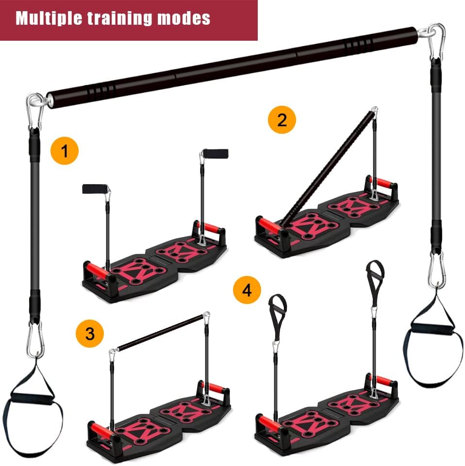 Home Gym Exercise Equipment - Portable Workout System 17 Fitness Accessories 9 in1 Push Up Board Set, Resistance Bands with Pilates Bar Strength Training Abs Shoulders - Image 7