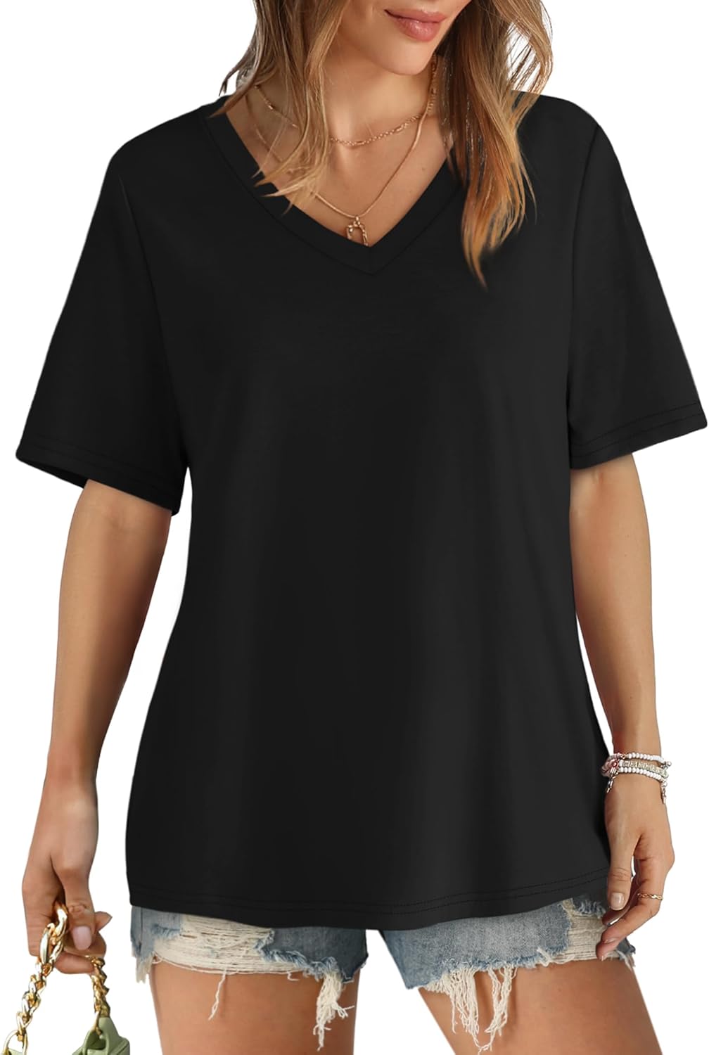 Aokosor Womens T Shirts V Neck Short Sleeve Casual Loose Tees Summer Tops 2025 Trending Now - Image 3