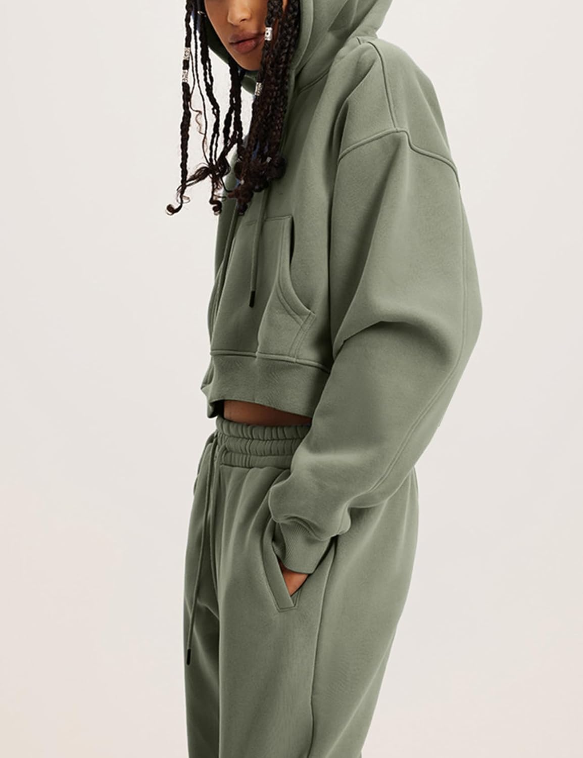 Flygo Womens Fleece 2 Piece Outfits Sweatsuit Crop Pullover Sweatshirt Joggers Pants Tracksuit Set - Image 4