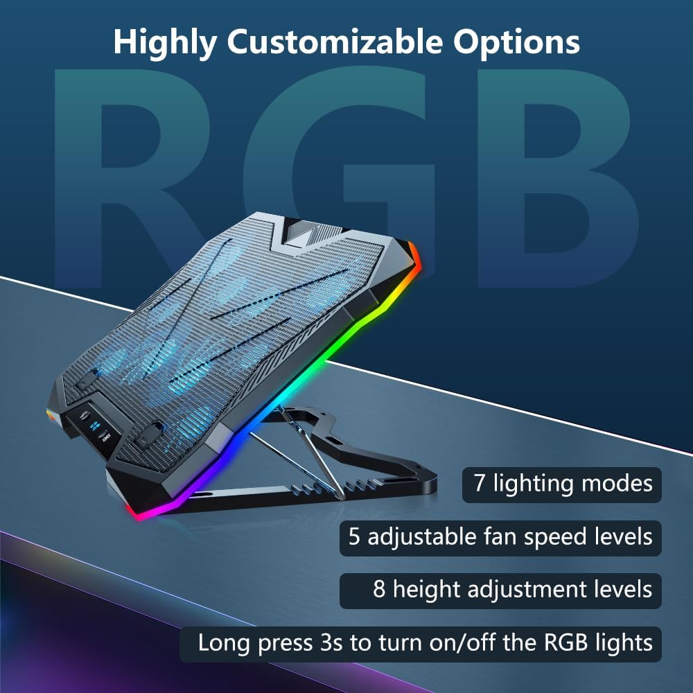 G-STORY Gaming Laptop Cooling Pad, RGB Lights Laptop Cooler with 10 Powerful Turbo Fans for 12-18 Inch Notebooks,8 Height Adjustable Stand and 1 USB Port - Image 9