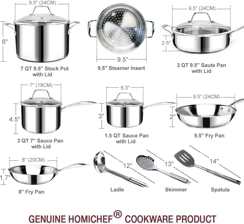 HOMICHEF 14-Piece Nickel Free Stainless Steel Cookware Set Whole-Clad 3-Ply - Mirror Polished Pots And Pans Set - Healthy Cookware Set With Steamer - Non-Toxic Induction Cookware Sets - Image 7