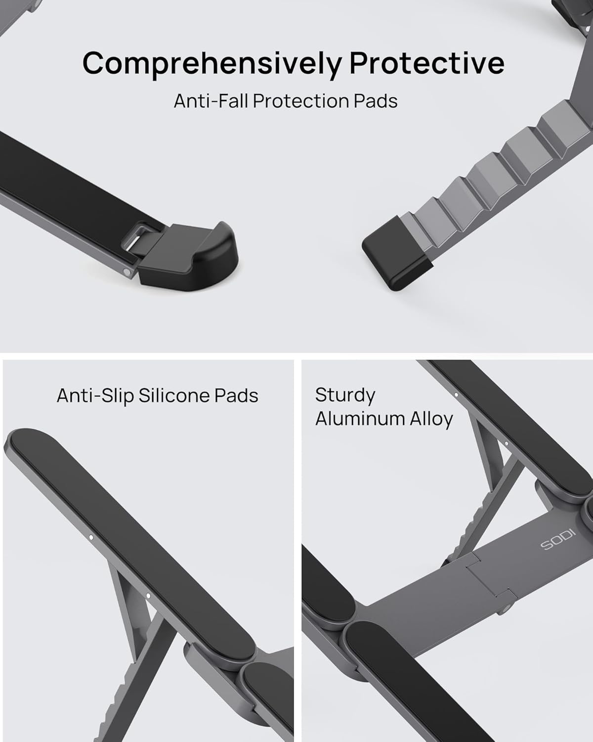 SODI Ultra Compact Foldable Laptop Stand - Portable Laptop Stand for Desk & Travel Use, Ergonomic Aluminum Computer Stand Holder with Adjustable Height for MacBook, Tablet 10-16", Black - Image 7