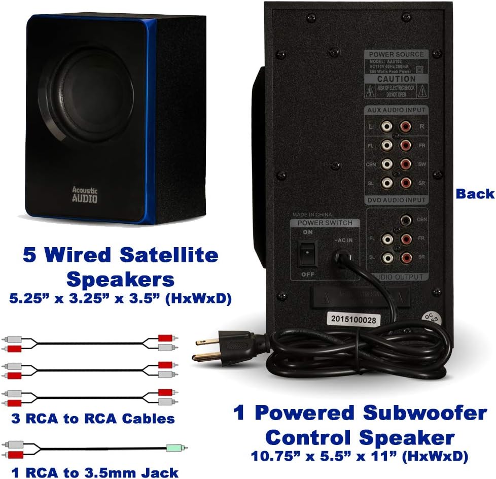 Acoustic Audio AA5102 Bluetooth Powered 5.1 Speaker System Home Theater Surround, Black (AA5102) - Image 5