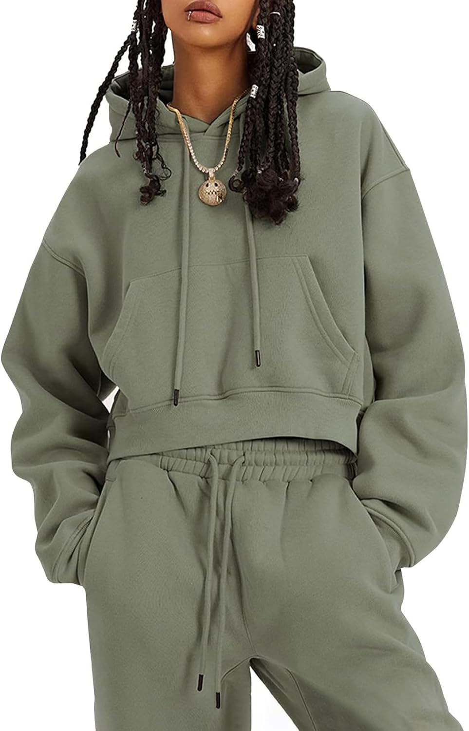 Flygo Womens Fleece 2 Piece Outfits Sweatsuit Crop Pullover Sweatshirt Joggers Pants Tracksuit Set - Image 2