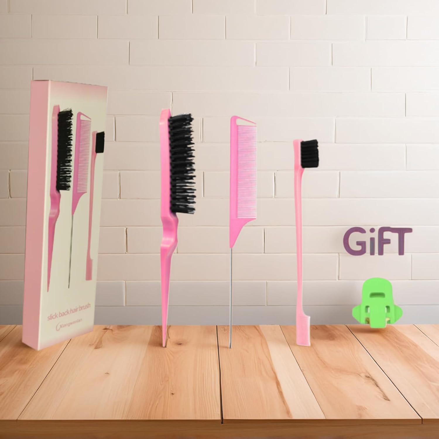 Pink Comb Set 3 piece, slick back hair brush,Slick Back Brush with Edge Brush, styling comb for kids for middle part,Rat Tail Comb, Teasing Brush Set for Smoothing brush Baby Hair - Image 3