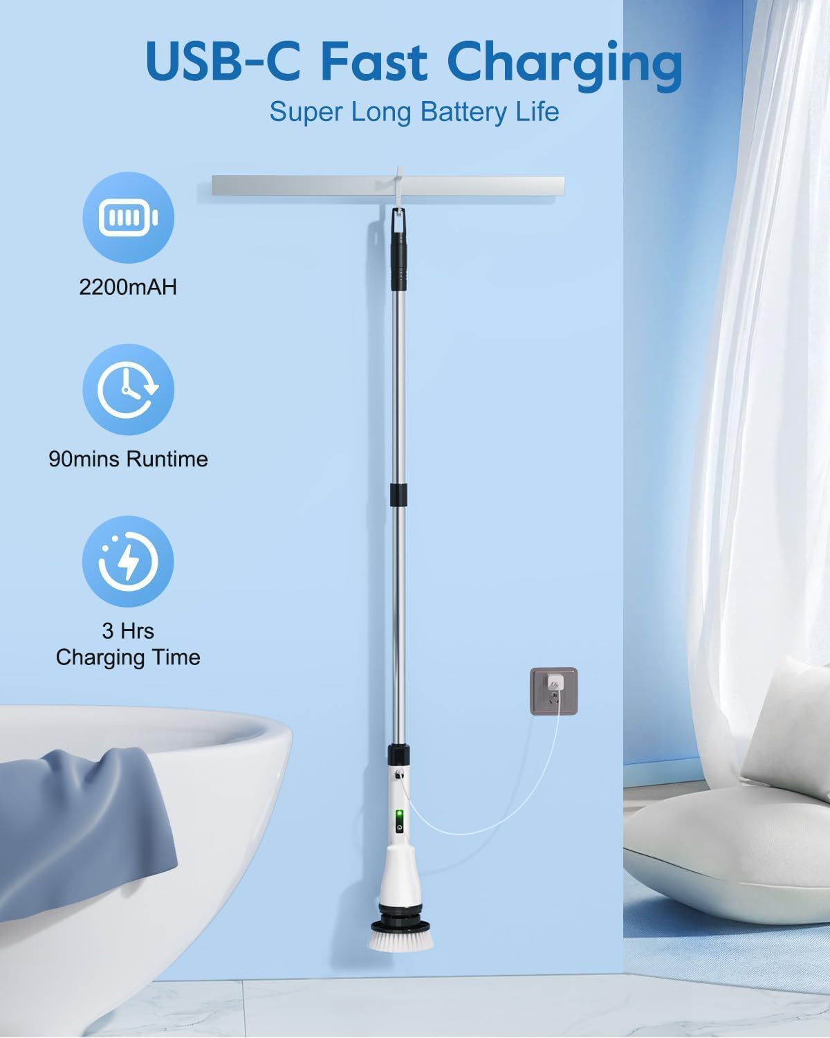 GiveBest Electric Spin Scrubber Brush - Cordless Shower Scrubber with Long Handle for Cleaning Bathroom, Bathtub Power Scrubber with 7 Replacement Head & Dual Speed for Floor, Tub, Tile, Kitchen, Car - Image 6