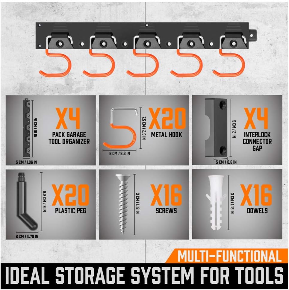 HORUSDY 64 Inch Adjustable Storage System, Wall Mount Tool Organizer, Tool Hangers for Mop and Broom Holder Shovel, Rake, Broom, Mop Holder, Etc - Image 5
