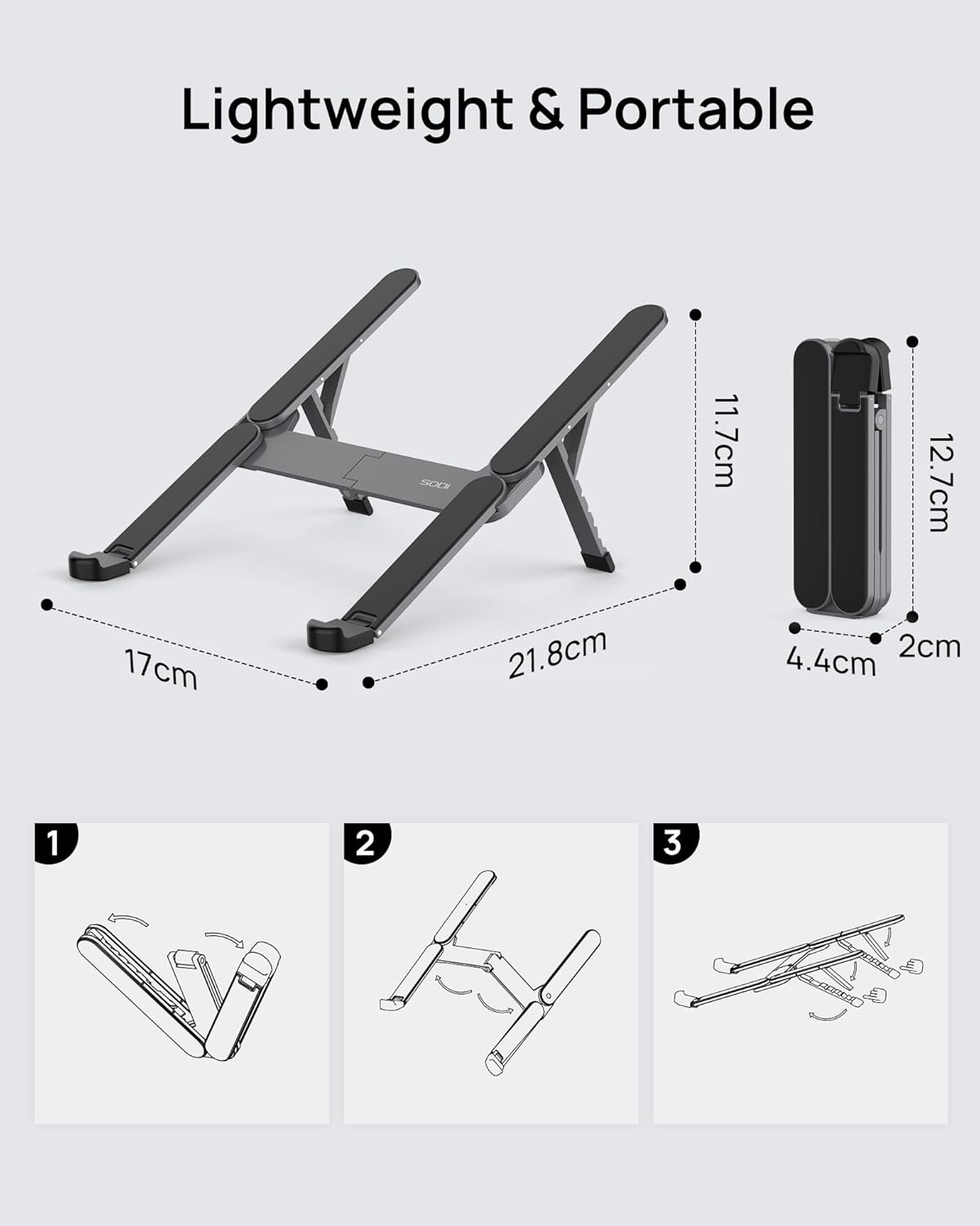 SODI Ultra Compact Foldable Laptop Stand - Portable Laptop Stand for Desk & Travel Use, Ergonomic Aluminum Computer Stand Holder with Adjustable Height for MacBook, Tablet 10-16", Black - Image 9